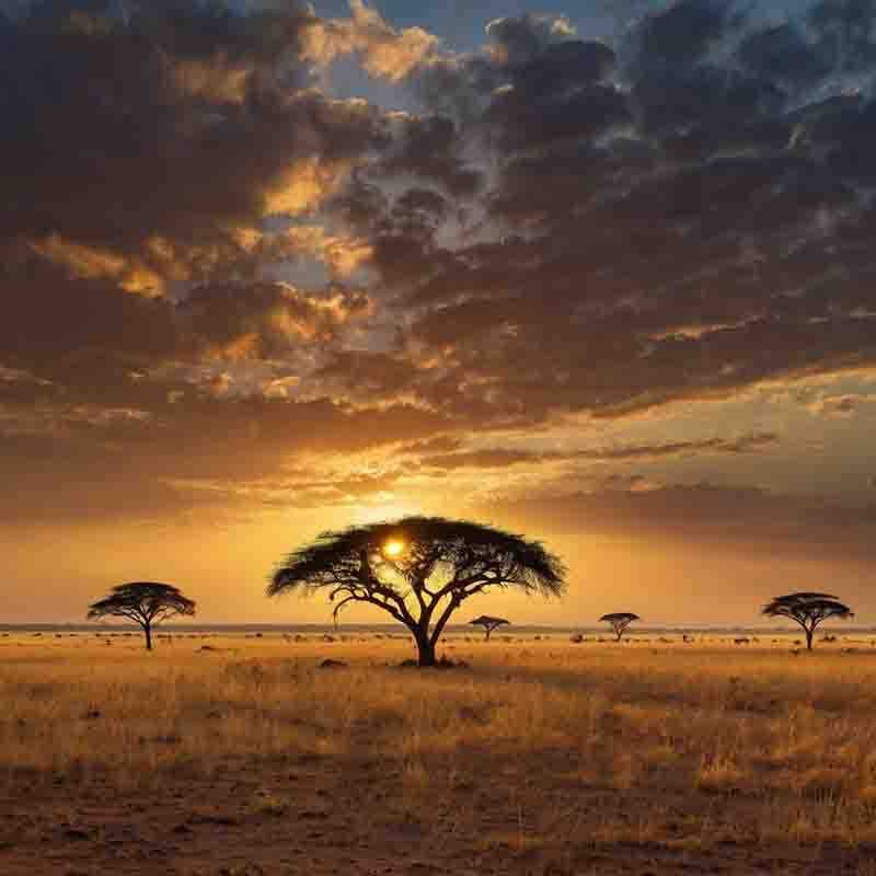 Sonnenuntergang hinter einem Akazienbaum in der afrikanischen Savanne, der den Himmel in warmen Farben erleuchtet.