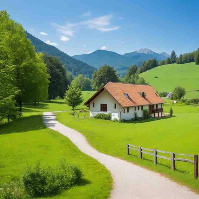 Ein charmanter Bauernhof inmitten einer üppigen, saftigen Wiese, das Ruhe und Abgeschiedenheit ausstrahlt