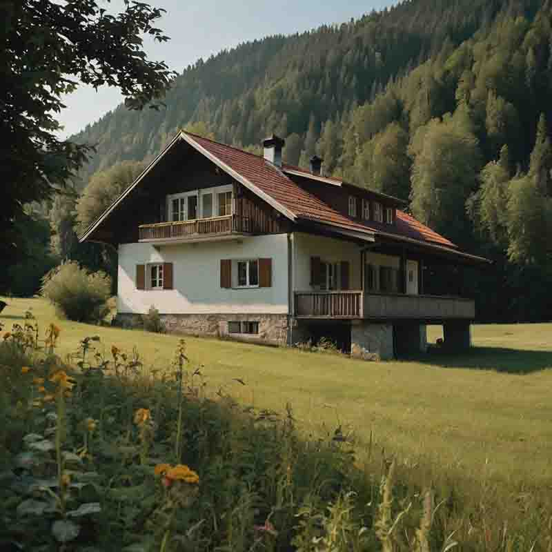 Ein charmanter Bauernhof inmitten einer üppigen, saftigen Wiese, das Ruhe und Abgeschiedenheit ausstrahlt