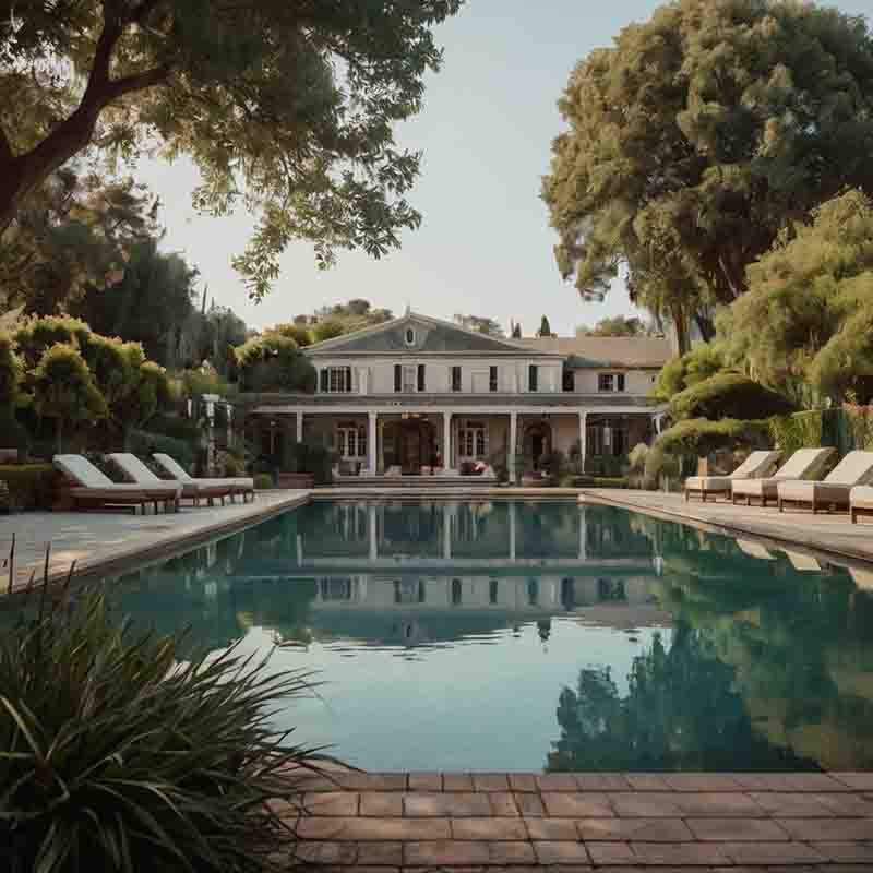 Ein großer Pool vor einem Boutique Hotel, umgeben von einer gepflegten Gartenlandschaft.