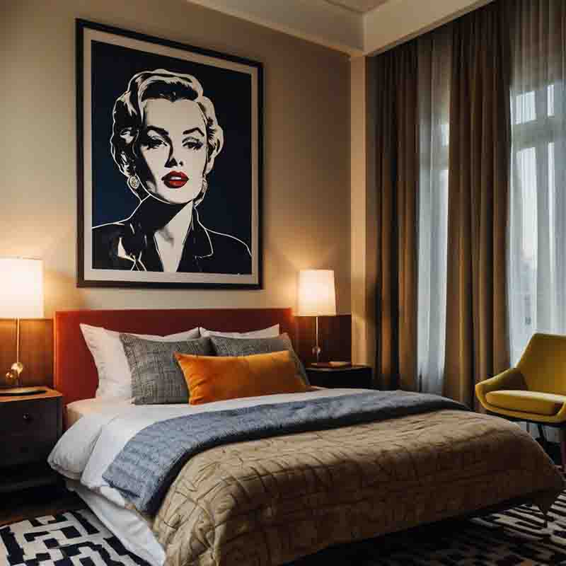 Ein stilvolles Boutique-Hotel-Schlafzimmer mit einem großen Bild von Marilyn Monroe an der Wand, das einen Hauch von klassischem Hollywood-Glamour versprüht.