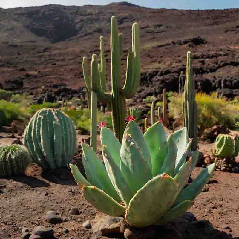 Kaktuspflanzen im Wüstengebiet von Lanzarote mit majestätischen Bergen im Hintergrund, die eine beeindruckende Landschaft bilden.