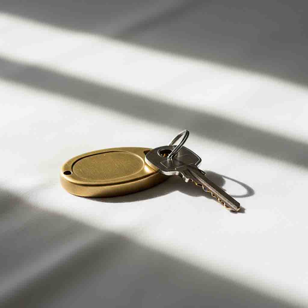 Ein silberner Schlüssel mit einem ovalen, goldenen Schlüsselanhänger liegt auf einer hellen, von Sonnenstrahlen und Schatten durchzogenen Stoffoberfläche.