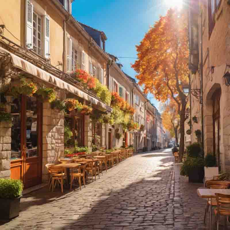 Eine Stadtstraße mit Sitzgelegenheiten an Tischen und Stühlen im Freien.