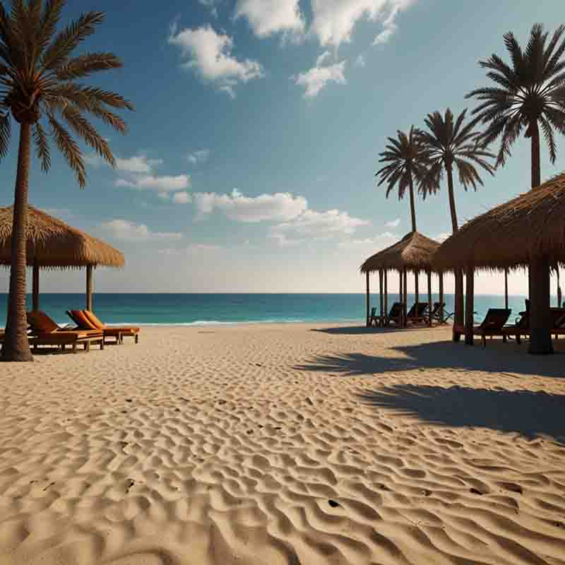 Der Strand von Dubai mit seinen Palmen und Liegestühlen ist ein idealer Ort zum Entspannen und Genießen.