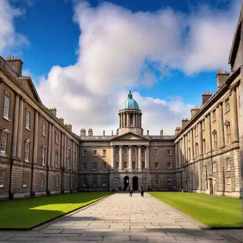 Trinity College, Dublin, Irland - Historischer Universitätscampus mit kopfsteingepflasterten Wegen und üppiger Vegetation.