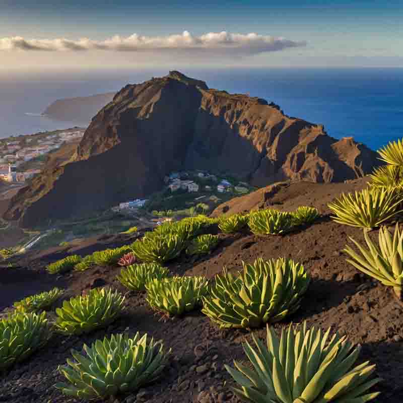 La Gomera mit atemberaubenden Landschaften und klarem blauen Himmel, ideal für einen Urlaub.