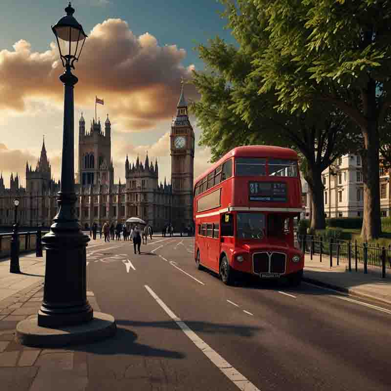 Roter Doppeldeckerbus auf einer Londoner Straße.