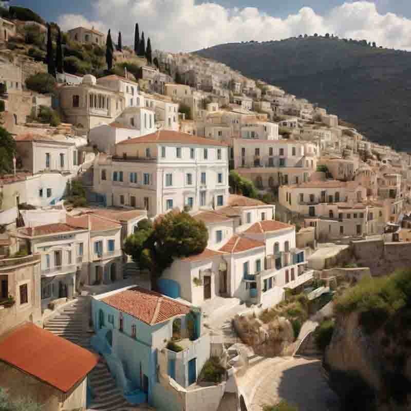 Ein idyllisches Dorf auf der griechischen Insel Syros, das auf einer Anhöhe liegt und einen Panoramablick auf eine ruhige Landschaft bietet.