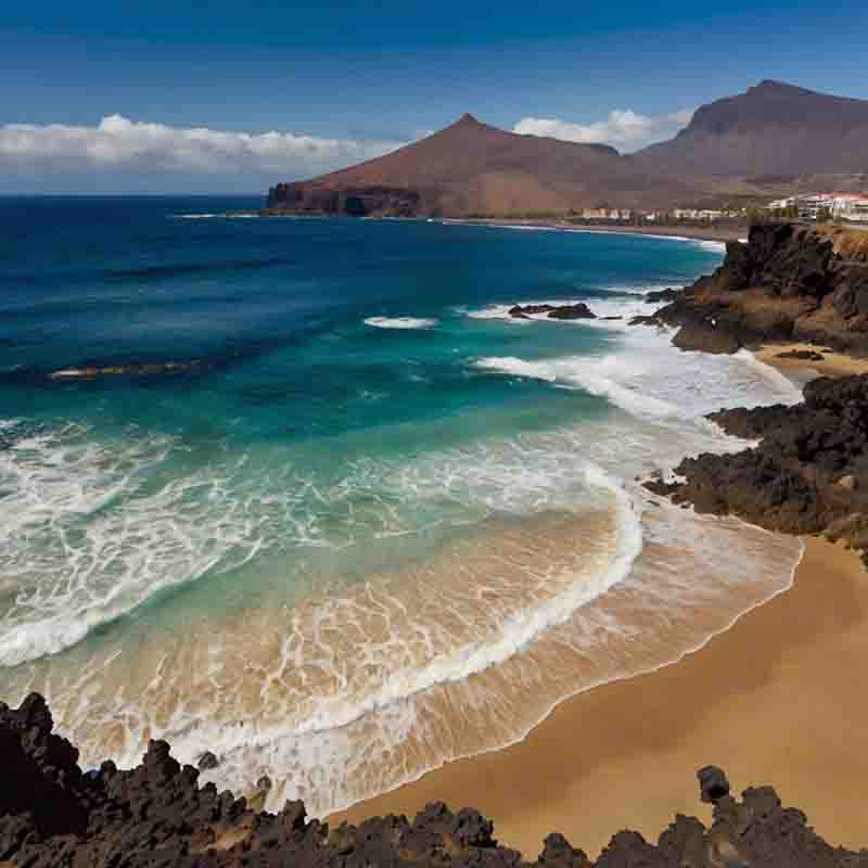 Wunderschöne Küstenlinie der Kanarischen Inseln mit Sandstrand und blauem Meer.