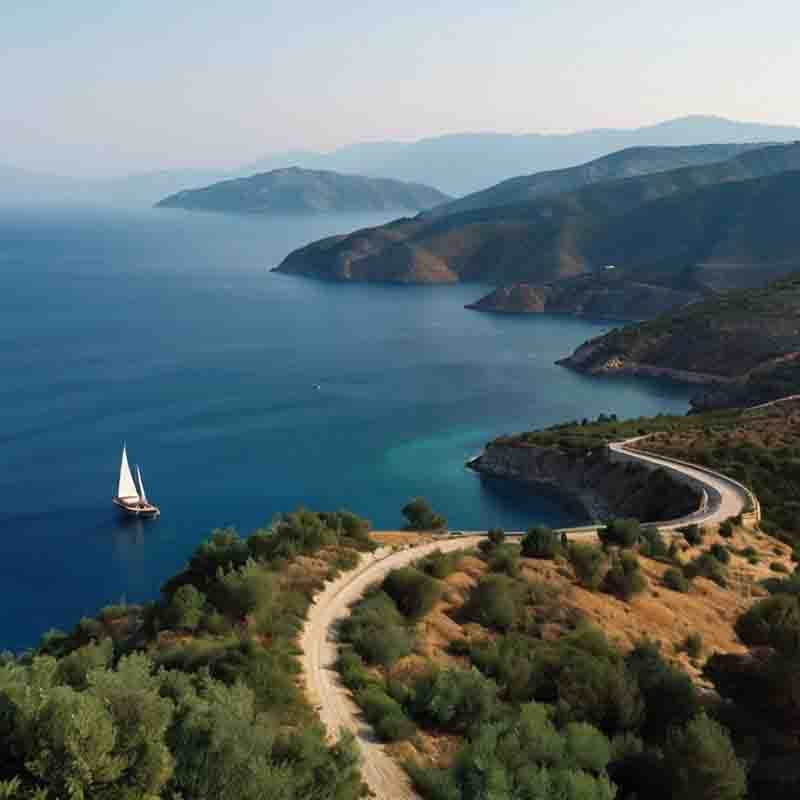 Ein malerischer Blick auf das Dorf Oia auf Santorin in Griechenland, der die ikonischen weißen Gebäude vor dem blauen Meer und Himmel zeigt.