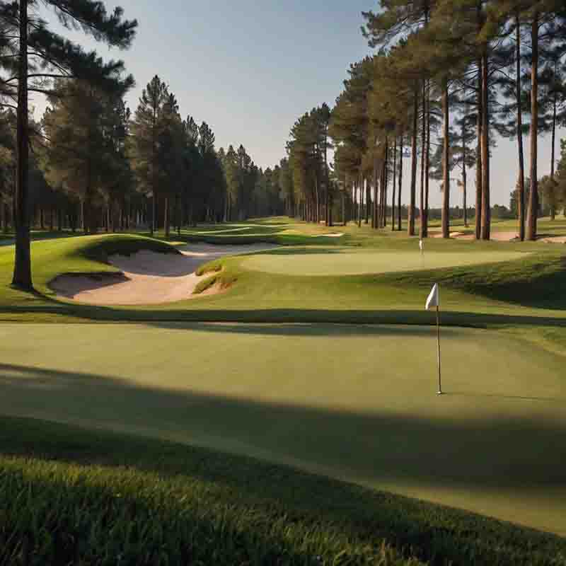 Malerischer Golfplatz im The Pines Resort mit üppig grünen Fairways vor dem Hintergrund einer kargen Landschaft