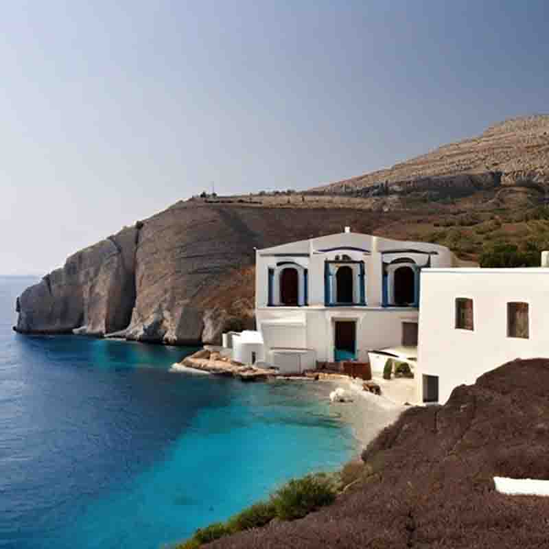 Ein malerisches weißes Haus auf einer griechischen Insel, das auf einer Klippe thront und einen atemberaubenden Blick auf das weite Meer bietet.