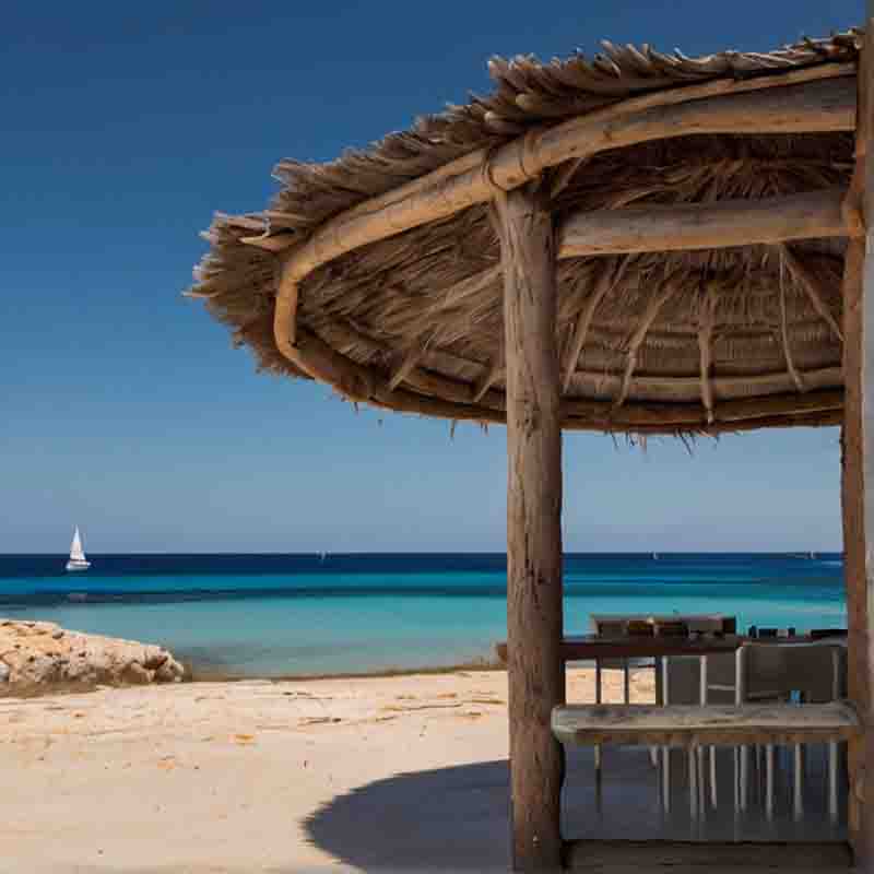 Eine Strandhütte auf Formentera mit einem Tisch und Stühlen im Sand, die einen gemütlichen Ort zum Entspannen und Genießen der Atmosphäre am Meer bietet.