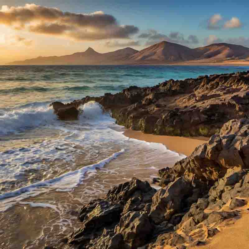 Sonnenuntergang über dem Strand von Fuerteventura, Kanarische Inseln, Spanien, mit leuchtenden Farben, die sich auf dem Wasser spiegeln.