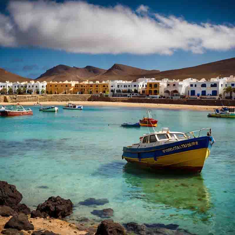 Ein Boot ist im Wasser von Fuerteventura vor einem Strand verankert, umgeben von ruhigen Wellen und sandigem Ufer.