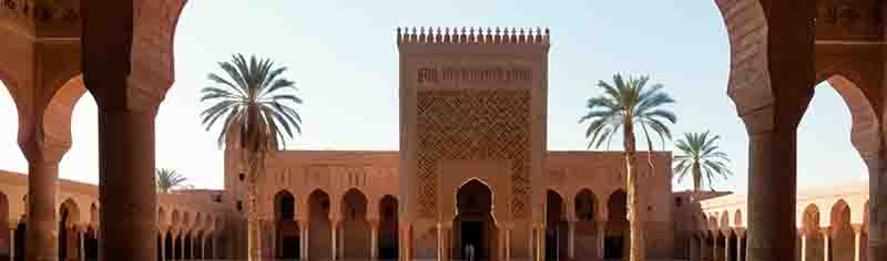 Innenhof der Moschee in Marrakesch, umgeben von kunstvollen Mosaiken und Palmen, strahlt Ruhe und Spiritualität aus.