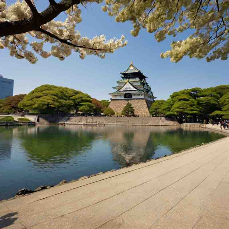 Eine Burg in Osaka, eingebettet in üppige Bäume und umgeben von ruhigem Wasser.