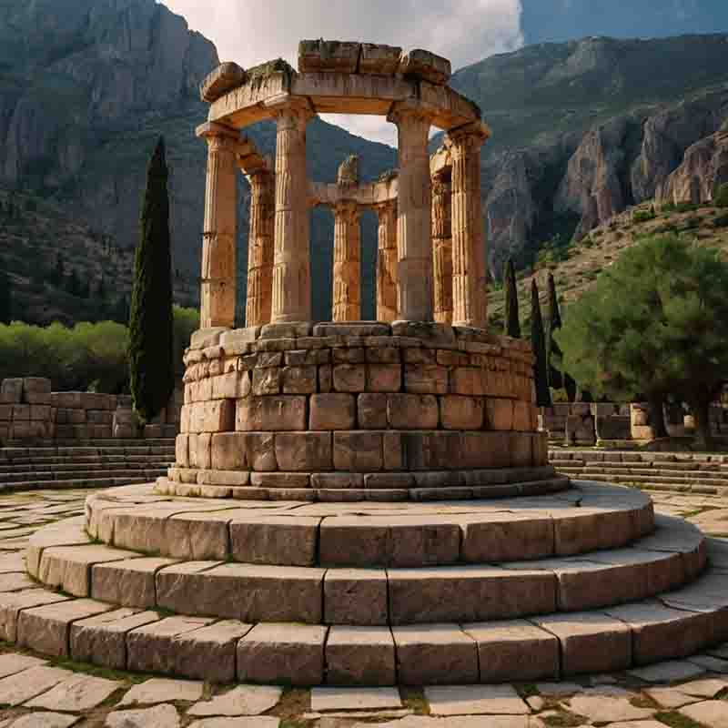 Tempel von Delphi in Griechenland, ein bedeutendes antikes Heiligtum, umgeben von beeindruckenden Bergen und Natur.