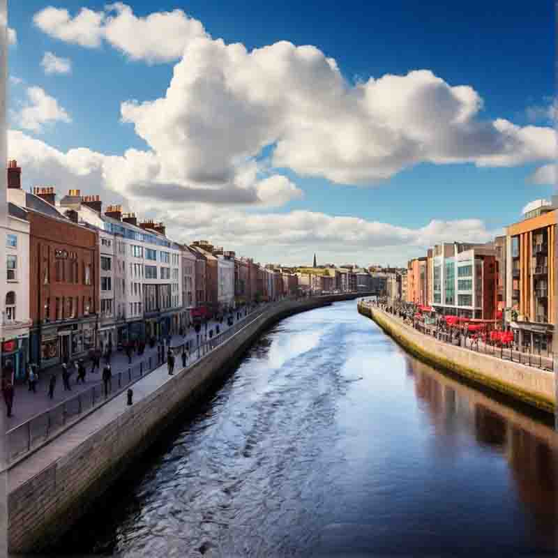 Der Fluss Liffey fließt durch Dublin und ist an beiden Ufern bebaut.