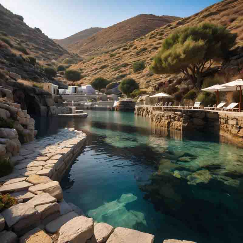 Kythnos-Thermalquellen in Loutra, das die Atmosphäre dieses Wohlfühlortes wiedergibt.