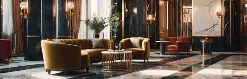 Die Lobby eines Luxushotels mit Marmorböden und goldenen Möbeln, die Eleganz und Opulenz ausstrahlen.