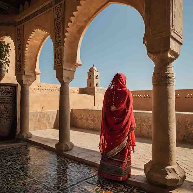 Eine Frau in einem roten Sari steht in einem gewölbten Türbogen in Marrakesch und blickt nach draußen.