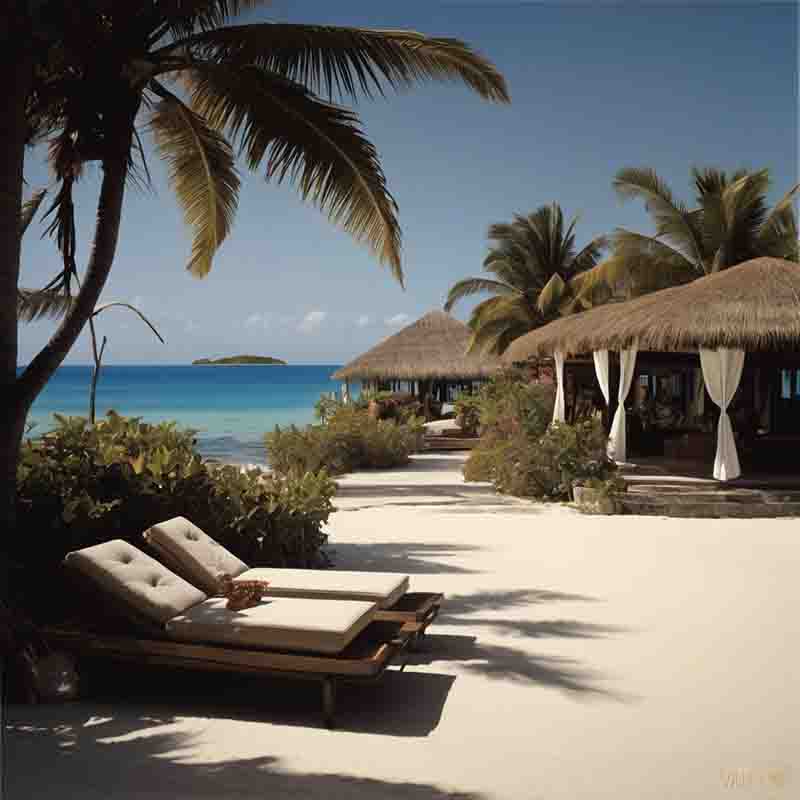 Ein ruhiger Strand auf Mauritius mit gemütlichen Liegestühlen und hübschen strohgedeckten Hütten.