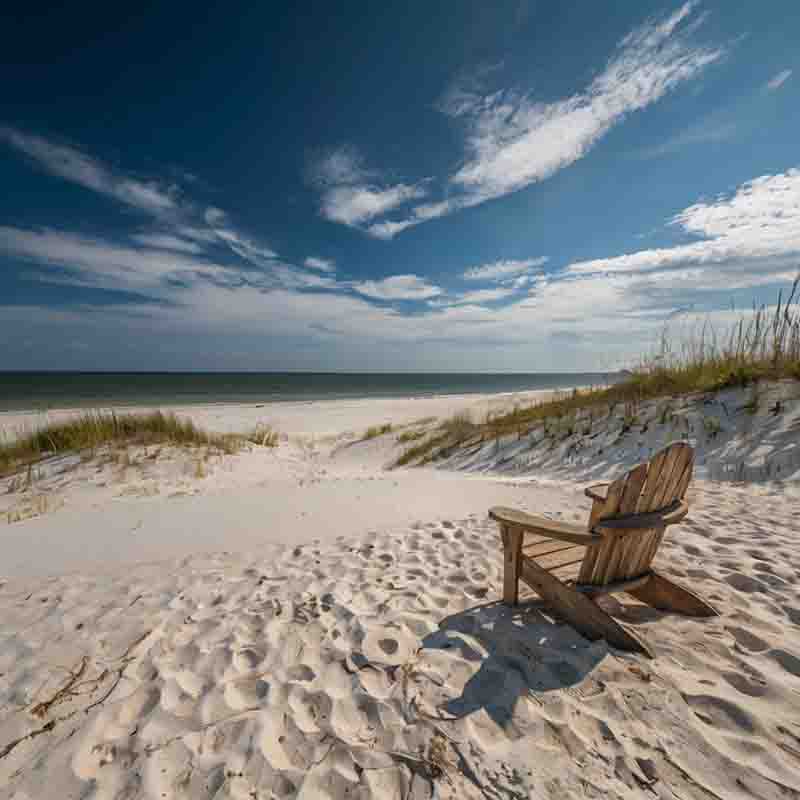 Leerer Stuhl am mexikanischen Sandstrand, mit Blick aufs Meer.