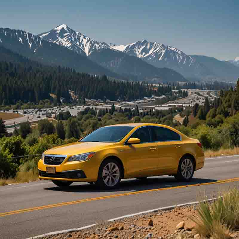 Ein Buick Regal Mietwagen fährt eine kurvenreiche Bergstraße entlang, umgeben von grüner Natur und majestätischen Bergen.