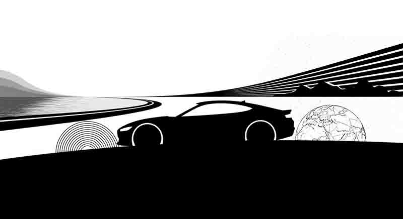Schwarz-weiße Illustration eines stilisierten Mietwagens in Silhouette, der auf einer Straße entlangfährt. Im Hintergrund sind stilisierte Berge, ein See und abstrakte geometrische Formen zu sehen.