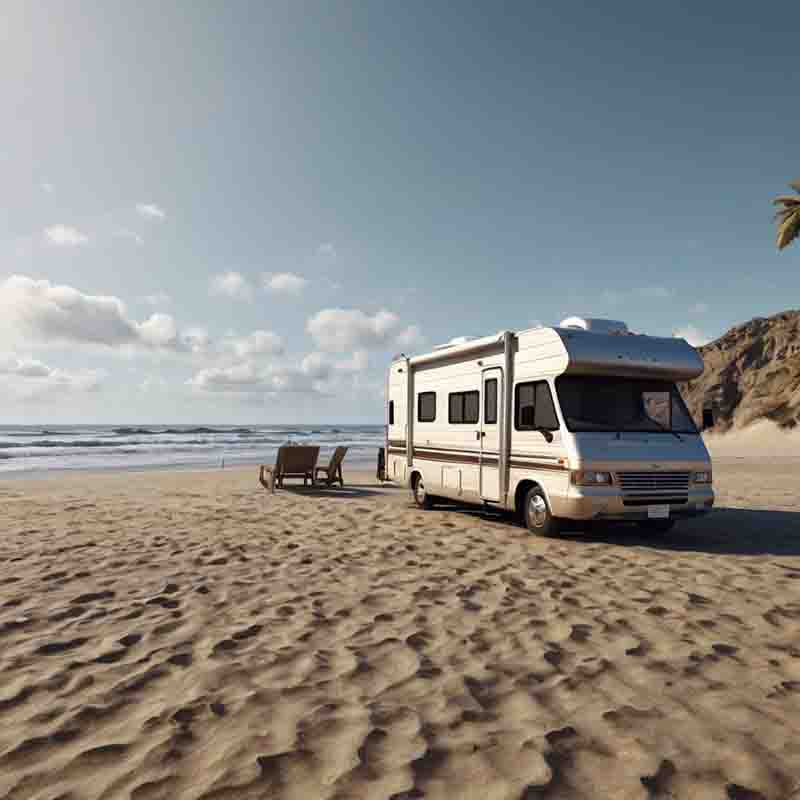 Ein am Strand geparktes Wohnmobil mit dem Meer im Hintergrund.