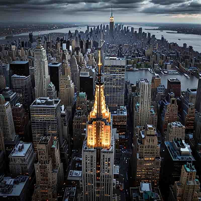 Das Empire State Building erstrahlt bei Nacht in goldenem Licht.