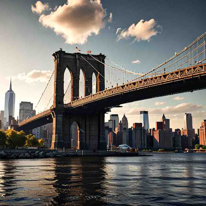 Die Brooklyn Bridge erstreckt sich über das Wasser mit der Skyline der Stadt im Hintergrund.