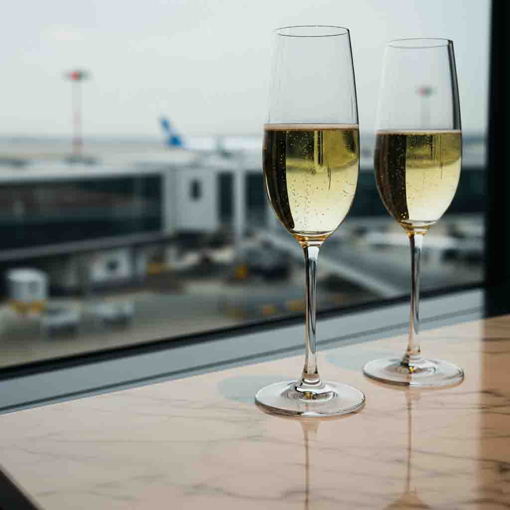 Zwei gefüllte Sektgläser auf einem Marmortisch in einer Flughafen-Lounge mit Blick auf das Rollfeld und parkende Flugzeuge.