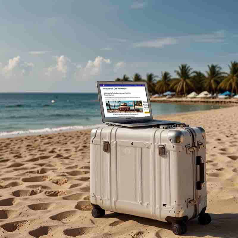 Ein Laptop auf einem Koffer am Strand, umgeben von Sand und Meer, symbolisiert Reisen und digitale Freiheit.