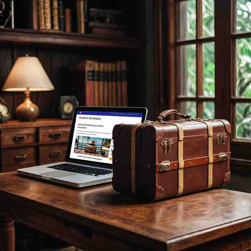 Ein vintage Koffer auf einem Holztisch, daneben ein Laptop und eine Lampe, die eine gemütliche Atmosphäre schaffen.