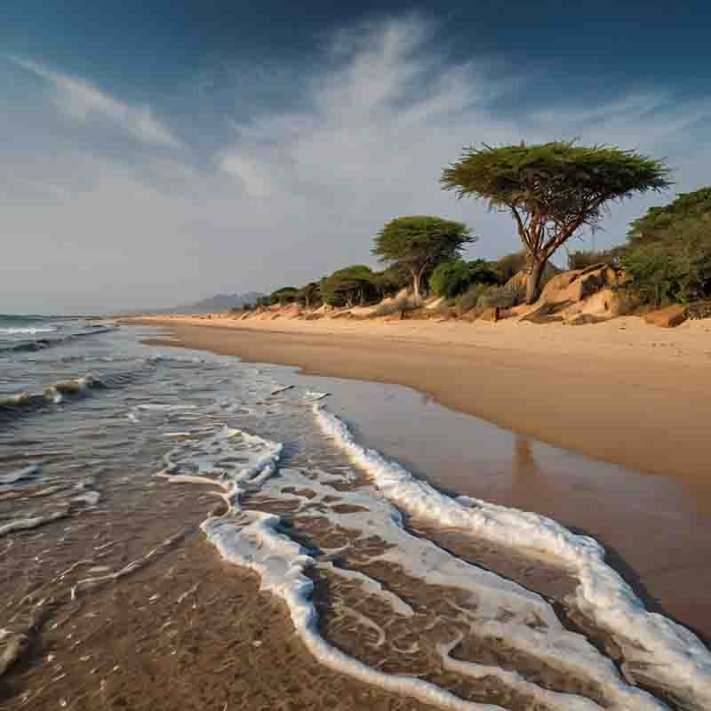 Afrikanischer Sandstrand mit Wellen und Bäumen, der eine ruhige und natürliche Küstenlandschaft darstellt.