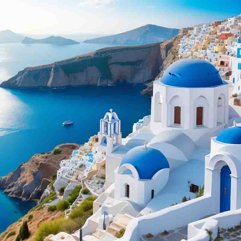 Ein malerischer Blick auf das Dorf Oia auf Santorin in Griechenland, der die ikonischen weißen Gebäude vor dem blauen Meer und Himmel zeigt.