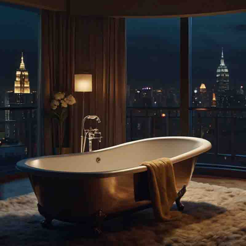 Eine Badewanne steht vor einem Fenster in einem Boutique Hotel mit Stadtblick, das Licht der Stadt reflektiert sich im Raum und sorgt für Gemütlichkeit.