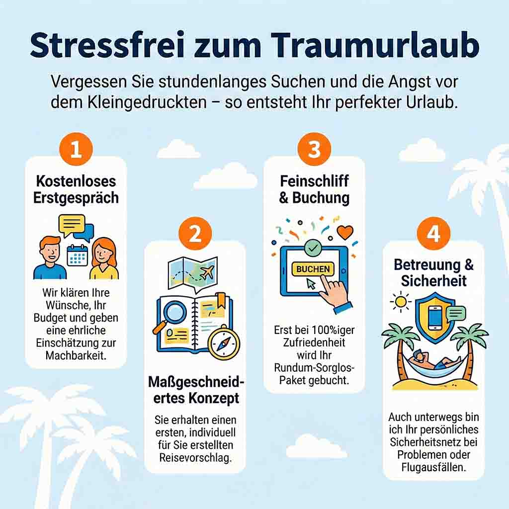 Infografik 'Stressfrei zum Traumurlaub' mit 4 Schritten: Kostenloses Erstgespräch, maßgeschneidertes Konzept, Feinschliff & Buchung sowie Betreuung bei Flugausfällen.