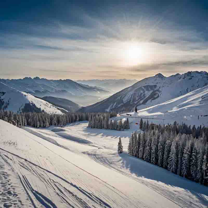 Blick auf einen schneebedeckten Berg mit Bäumen und strahlender Sonne im Hintergrund.