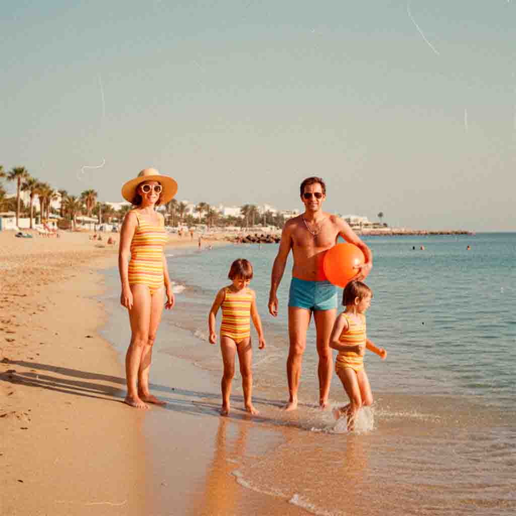 Eine vierköpfige Familie in Retro-Bademode steht an einem sonnigen Sandstrand. Die Mutter und zwei kleine Kinder tragen passend gelb-orange gestreifte Badeanzüge, während der Vater blaue Badeshorts trägt und einen großen orangefarbenen Wasserball hält.