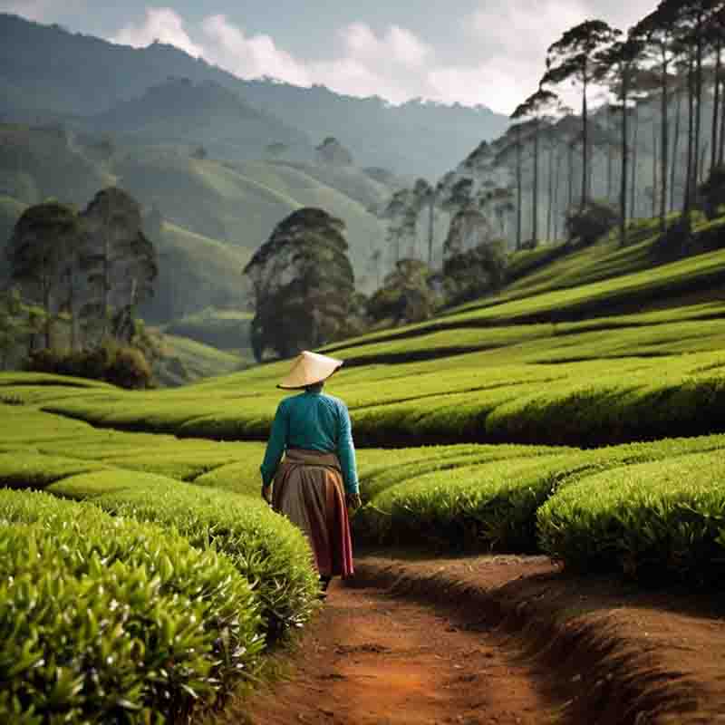 Frau spaziert durch eine üppige Teeplantage in Sri Lanka.