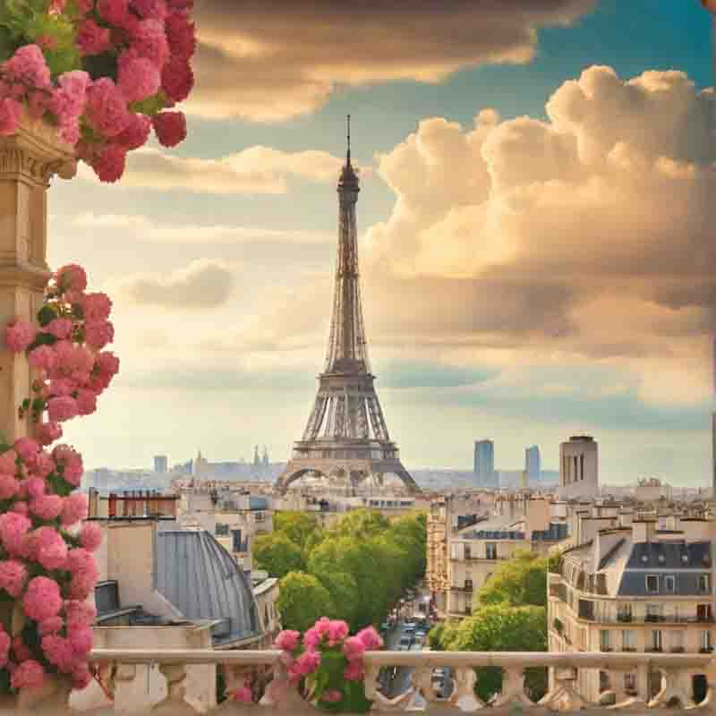 Atemberaubender Blick auf den Eiffelturm und die Pariser Skyline von einem Balkon in Paris, Frankreich.