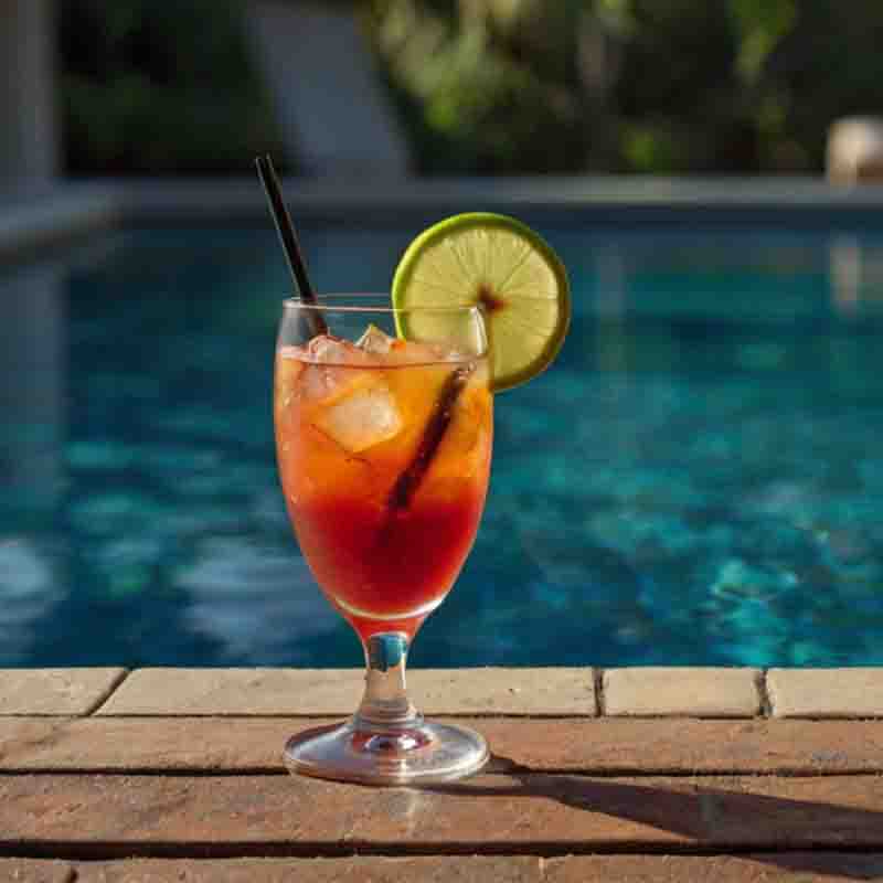 Ein luxuriöser Cocktail, der elegant glitzernden Pool platziert ist und eine anspruchsvolle und entspannte Atmosphäre schafft.