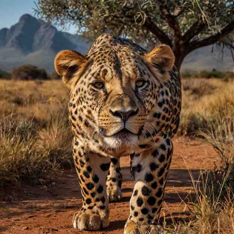 Ein Leopard auf einer südafikanischen Sandstraße in der Wüste.