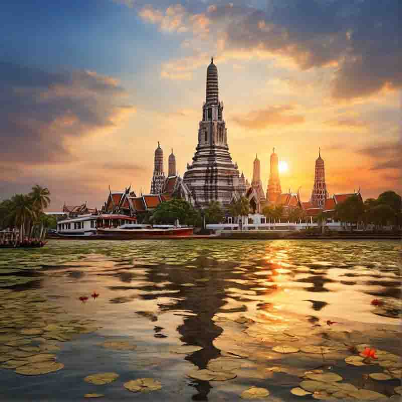 Wat Arun-Tempelanlage in Bangkok, Thailand, während eines Sonnenuntergangs.