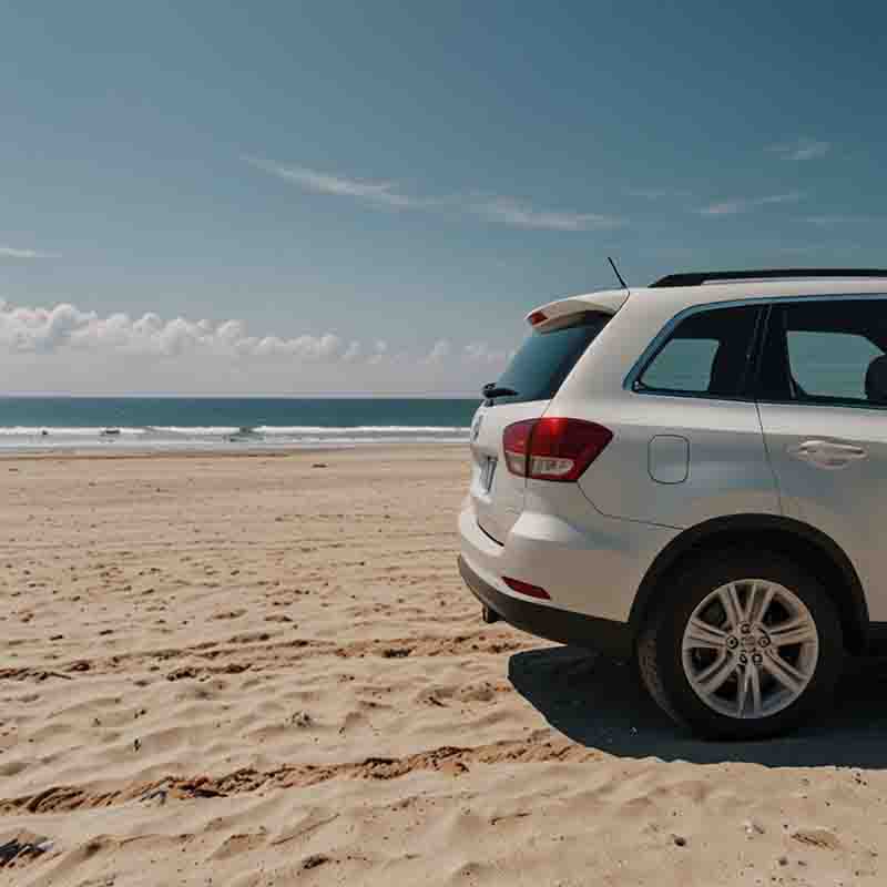 Ein weißer SUV Mietwagen am Strand, im Hintergrund das Meer sichtbar.