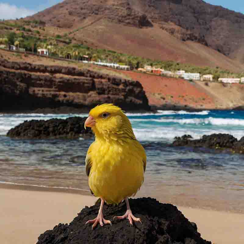 Ein gelber Kanarienvogel sitzt auf einem Felsen in einer ruhigen Umgebung am kanarischen Strand.